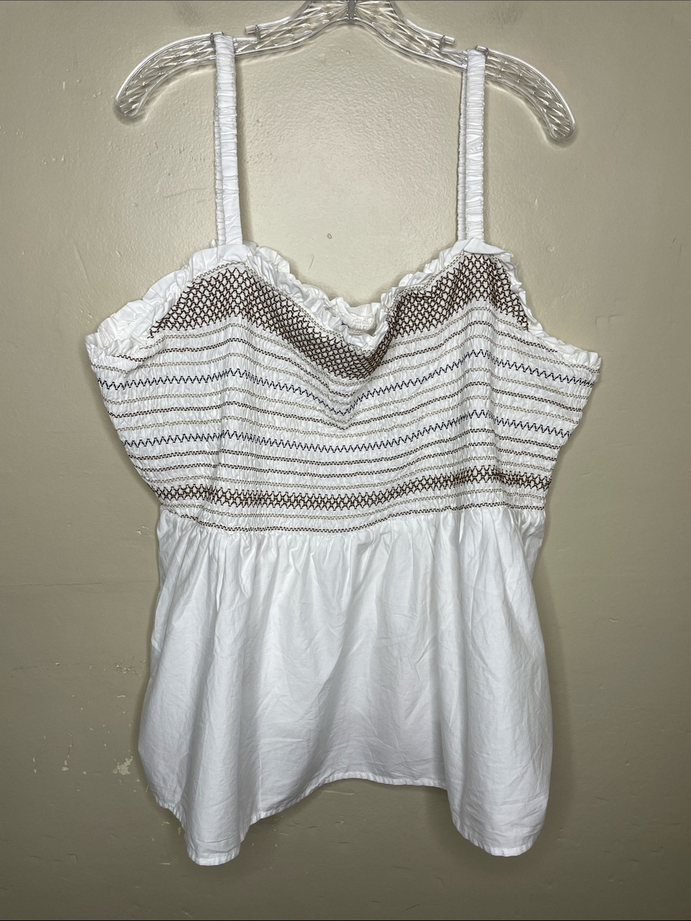 OLD NAVY White & Brown Embroidered Smocked Cami Babydoll Cotton Boho Top 4X